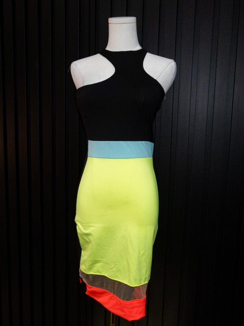 Colorblock Cut Out Racerback Bodycon Midi Dress Black Neon Yellow